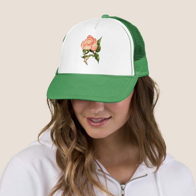 Peach pink rose watercolor flower trucker hat (In Situ)