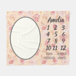 Peach & Pink Rose Watercolor Milestone Baby Blanke Fleece Blanket