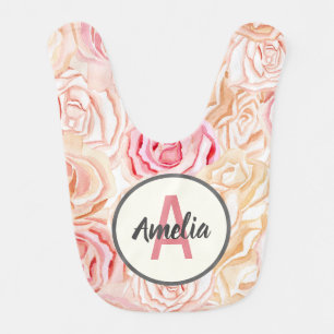 Peach & Pink Rose Watercolor Personalized Monogram Baby Bib