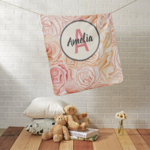 Peach & Pink Rose Watercolor Personalized Monogram Baby Blanket