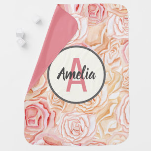 Peach & Pink Rose Watercolor Personalized Monogram Baby Blanket