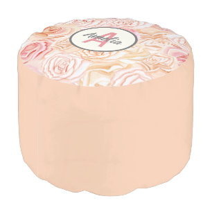 Peach & Pink Rose Watercolor Personalized Monogram Pouf