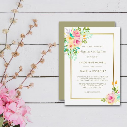 Peach Pink Roses on White Wedding Invitation