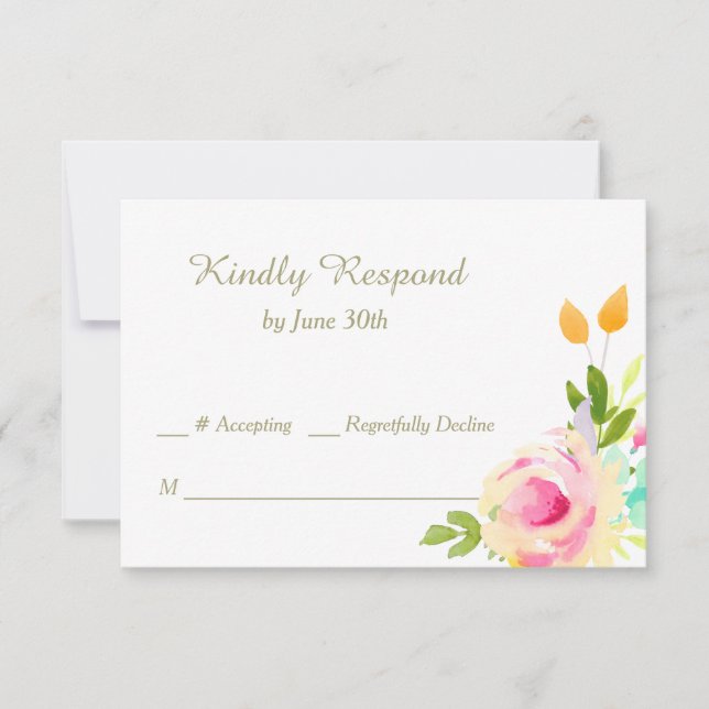 Peach Pink Roses on White Wedding RSVP Card (Front)