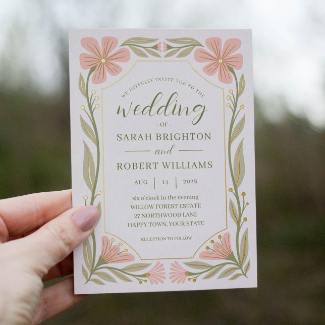 Peach pink & sage green Art Nouveau wild flower Foil Invitation (Beautifully illustrated gold foil wedding invitations inspired by Art Nouveau style. Original art.)