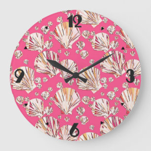 Peach, pink sea shells, coral pink background large clock