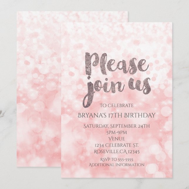 Peach Pink Sparkle Glam Birthday Party Invitations (Front/Back)