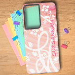 Peach Pink Spirals Filigree Flowers Template Samsung Galaxy S21  Case<br><div class="desc">The case is adorned with a white filigree, floral and soft peach spiral background design. Personalize the template field, remove the text and or edit using the design tool to select a font style, size and color you prefer. You can also transfer this design, where it fits appropriately, to other...</div>