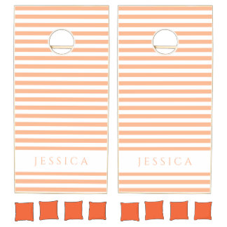 Peach Pink Striped Pattern Name Cornhole Set