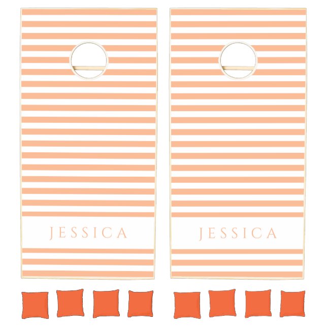 Peach Pink Striped Pattern Name Cornhole Set (Set)