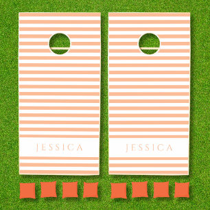 Peach Pink Striped Pattern Name Cornhole Set
