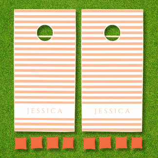 Peach Pink Striped Pattern Name Cornhole Set