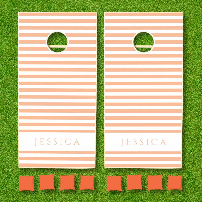 Peach Pink Striped Pattern Name Cornhole Set (Peach Pink Striped Pattern Name Cornhole Set)