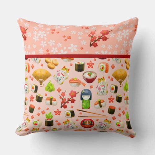 Peach Pink Sushi with Geisha Girls and Chopsticks Throw Pillow