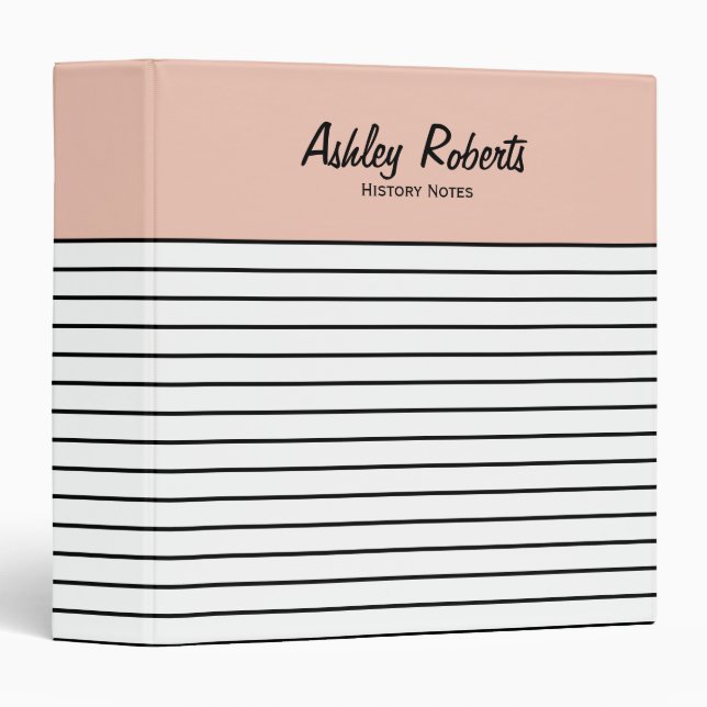 Peach Pink Trendy Black White Stripes School 3 Ring Binder (Front/Spine)
