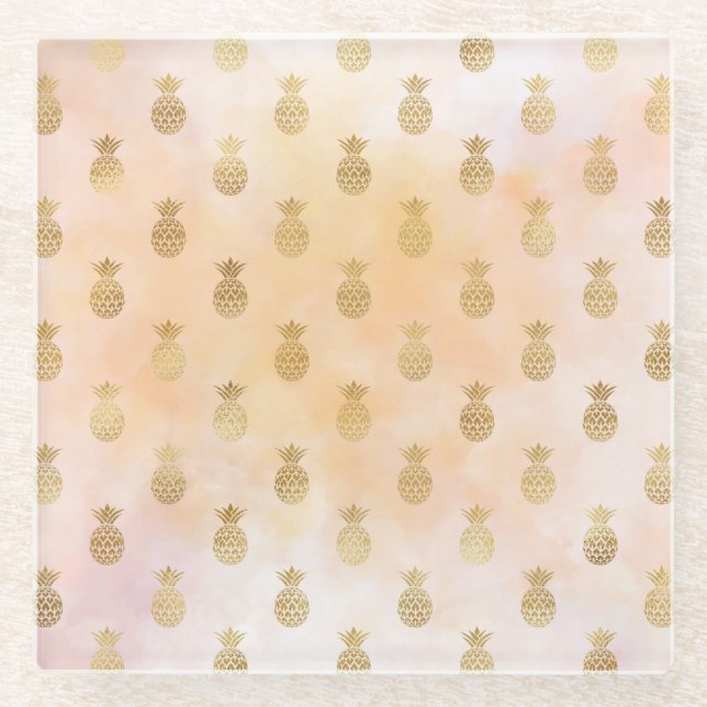 Peach Pink Tropical Gold Pineapples Glass Coaster (Front)