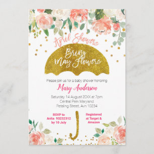 Peach Pink Umbrella April Showers Bring May Flower Invitation