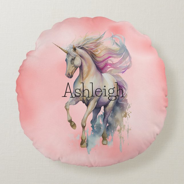 Peach Pink Unicorn Dream Round Pillow (Front)