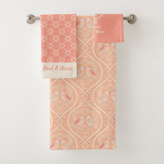Peach Pink Valentine's Day Tweethearts Lovebirds  Bath Towel Set (Insitu)