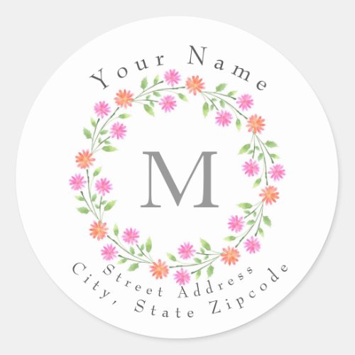  Peach  Pink Watercolor Daisies Wreath Classic Round Sticker