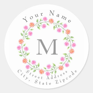 Peach & Pink Watercolor Daisies Wreath Classic Round Sticker