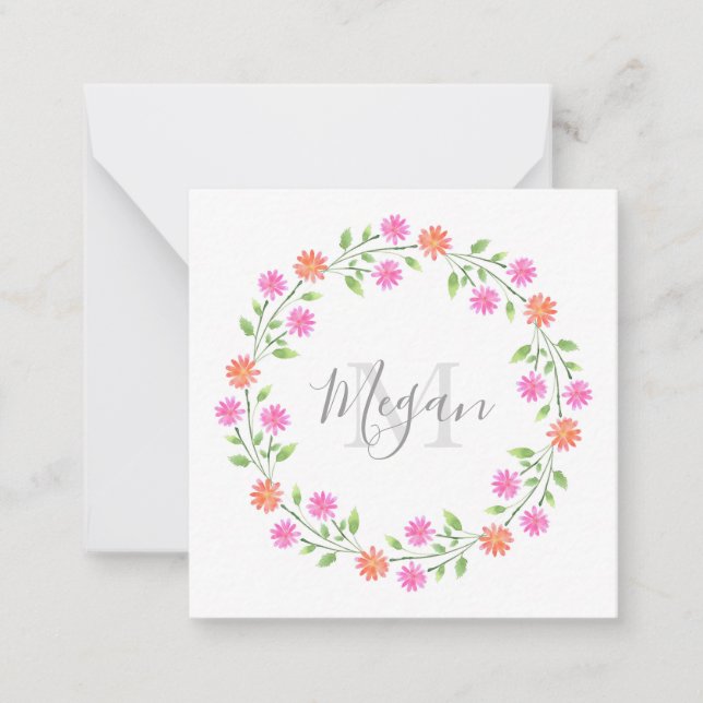 Peach & Pink Watercolor Daisies Wreath Note Card (Front)