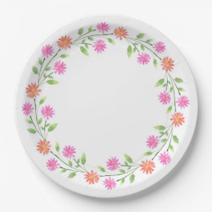 Peach & Pink Watercolor Daisies Wreath Paper Plates