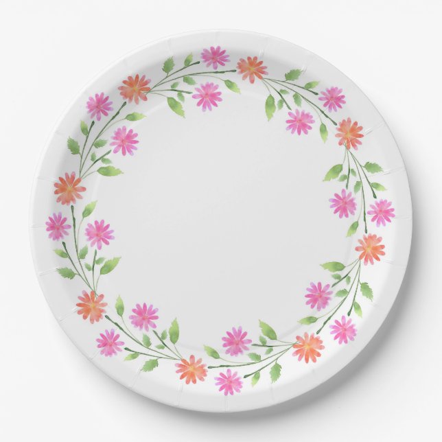 Peach & Pink Watercolor Daisies Wreath Paper Plates (Front)