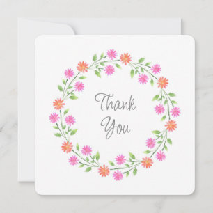 Peach & Pink Watercolor Daisies Wreath Thank You Card