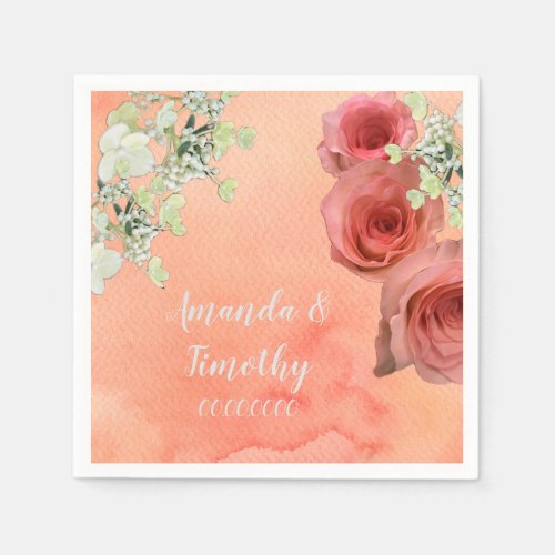 Peach pink watercolor floral chic boho wedding napkins