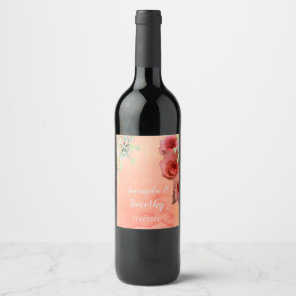 Peach pink watercolor floral chic, boho wedding wine label