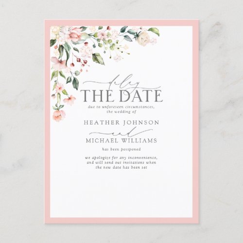 Peach Pink Watercolor Floral Delay The Date Postcard