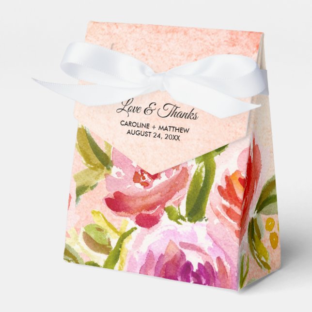 Peach Pink Watercolor Floral Wedding Favor Boxes (Front Side)