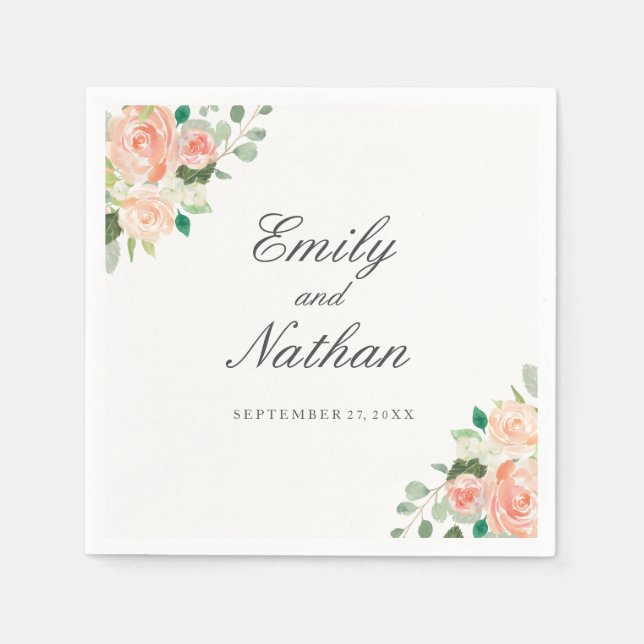 Peach Pink Watercolor Floral Wedding Napkin (Front)