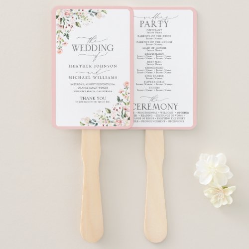 Peach Pink Watercolor Floral Wedding Program Hand Fan