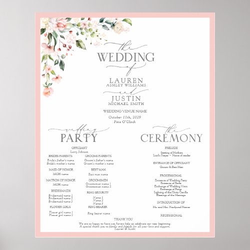 Peach Pink Watercolor Floral Wedding Program Poster