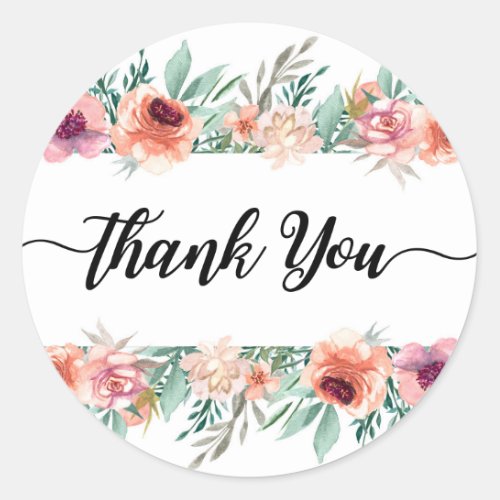 Peach Pink Watercolor Flowers Modern Thank You Classic Round Sticker
