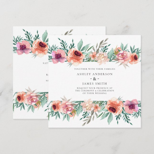 Peach & Pink Watercolor Flowers Modern Wedding Invitation (Front/Back)