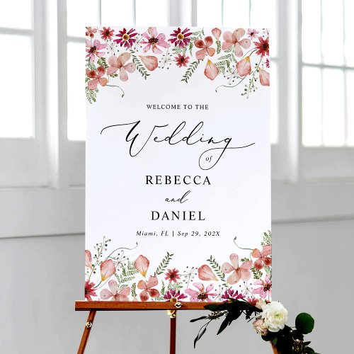 Peach Pink Watercolor Flowers Wedding Welcome Sign