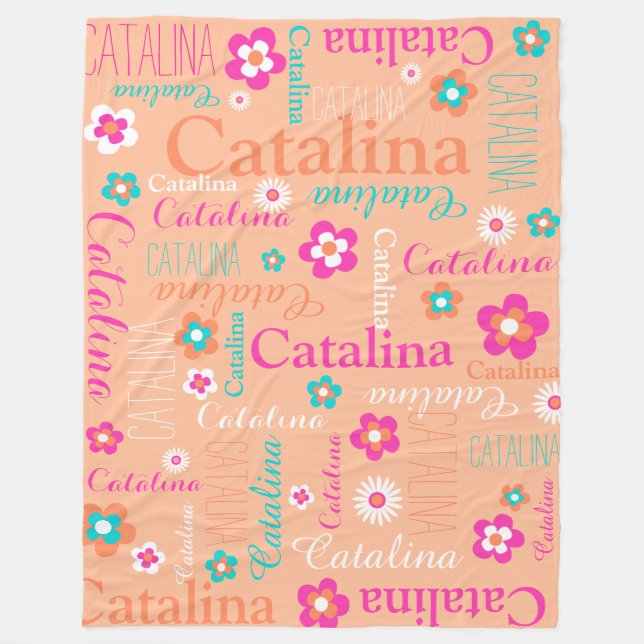 Peach pink white aqua flower and name blanket (Front)