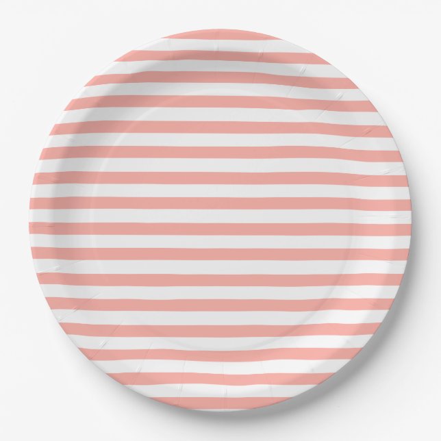 Peach Pink & White Cabana Stripes Paper Plates (Front)