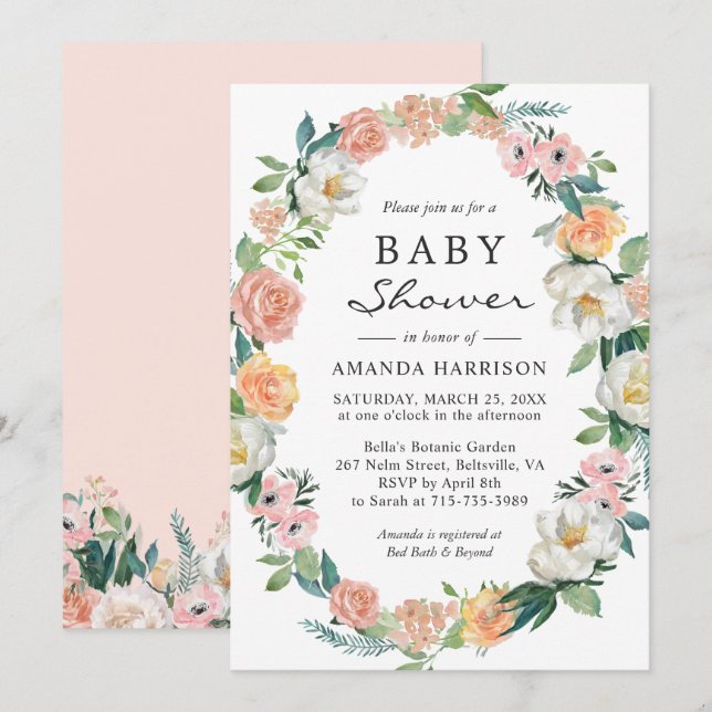 Peach Pink White Garden Floral Wreath Baby Shower Invitation (Front/Back)