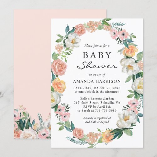 Peach Pink White Garden Floral Wreath Baby Shower Invitation