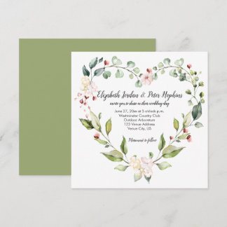Peach Pink White Green Floral Heart Wreath Wedding Invitation