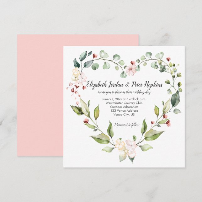 Peach Pink White Green Floral Heart Wreath Wedding Invitation (Front/Back)