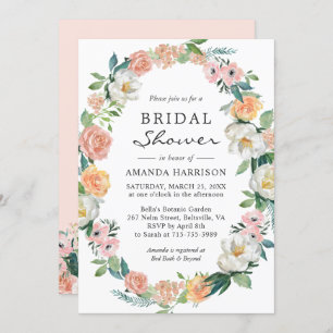 Peach Pink White Green Floral Wreath Bridal Shower Invitation