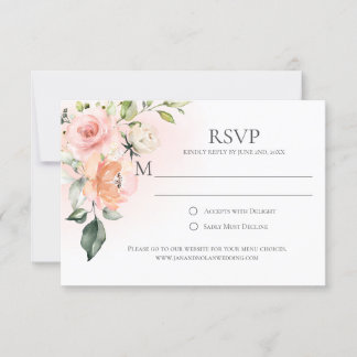 Peach Pink White Roses Greenery RSVP Cards