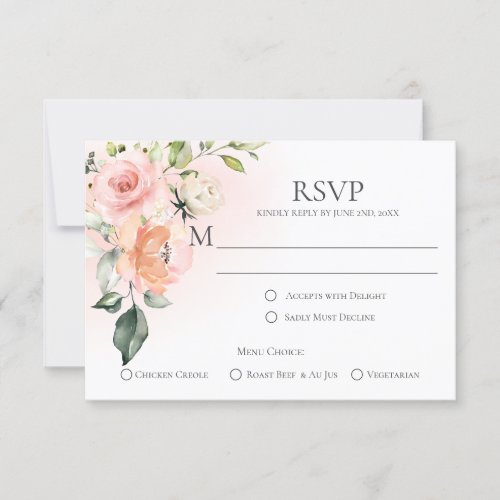 Peach Pink White Roses Menu Choice RSVP Cards