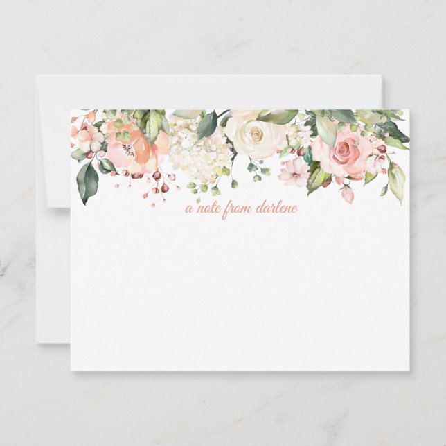 Peach Pink White Roses White Hydrangeas Monogram Note Card (Front)