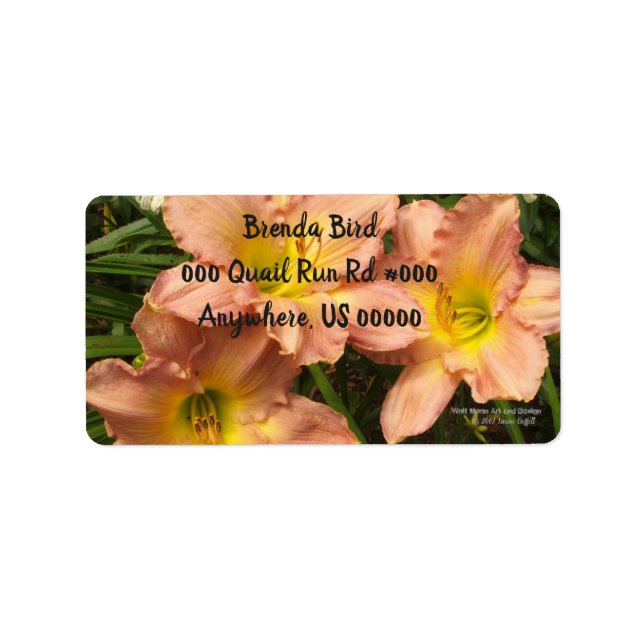 Peach pink with yellow throats daylily flowers label (Front)